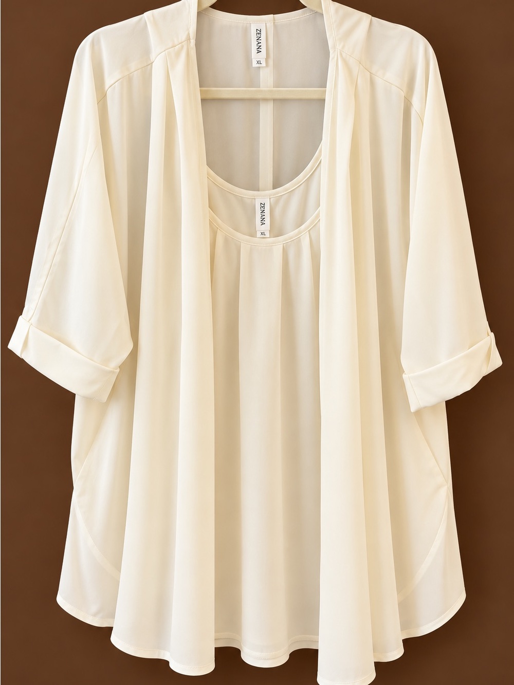 Zenana Outfitters Cream Layered Open Drape Tunic with Roll-Tab Sleeves